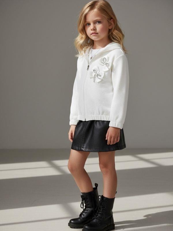 Kız Çocuk Pamuklu Kapüşonlu Dokulu Kumaş Fiyonk Detaylı Fermuarlı Hırka