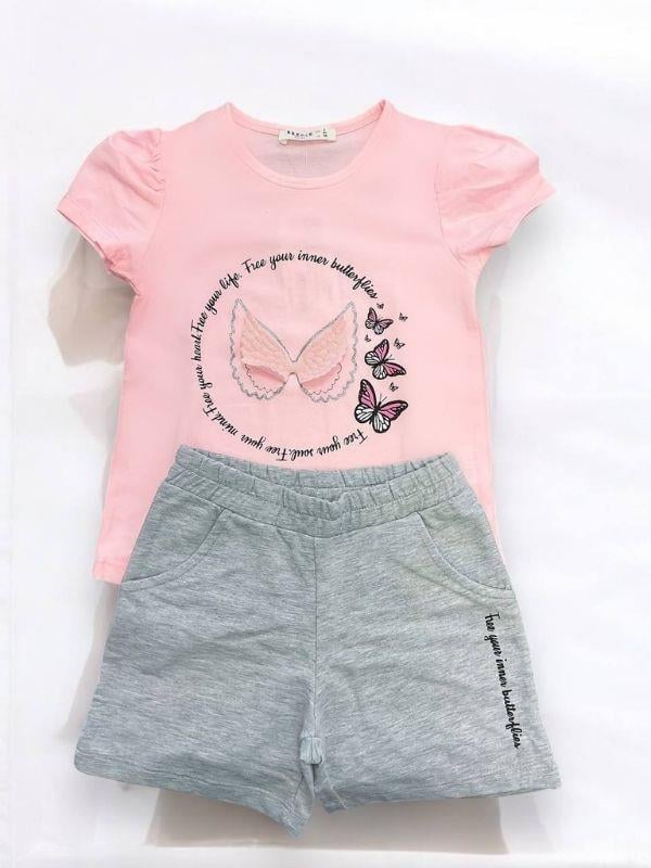 Kız Çocuk Pamuklu Kelebekli Şortlu Takım