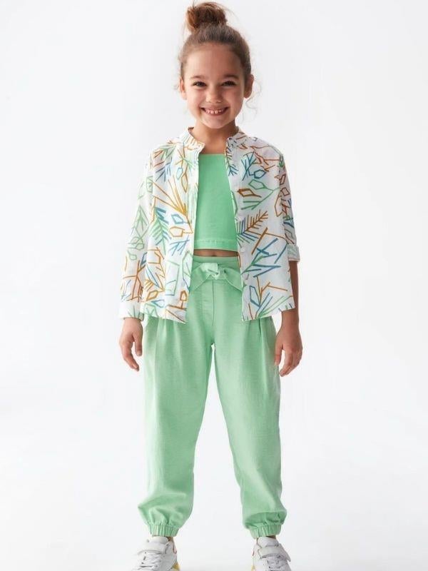 Kız Çocuk Pamuklu Keten Desenli Gömlek