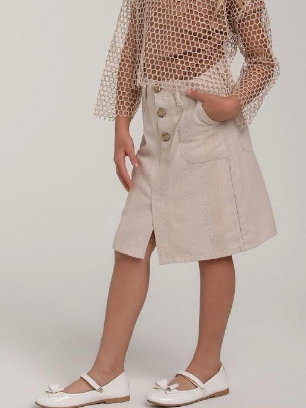 Kız Çocuk Pamuklu Keten Yırtmaçlı Cepli Etek