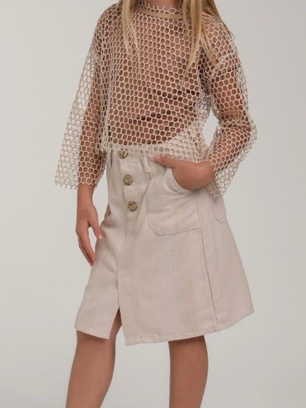 Kız Çocuk Pamuklu Keten Yırtmaçlı Cepli Etek