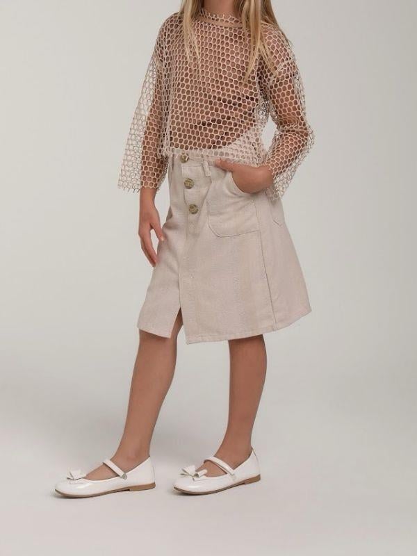 Kız Çocuk Pamuklu Keten Yırtmaçlı Cepli Etek