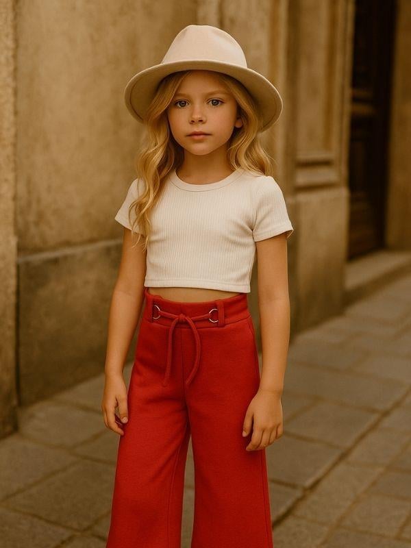 Kız Çocuk Pamuklu Kırmızı İspanyol Paça Pantolon