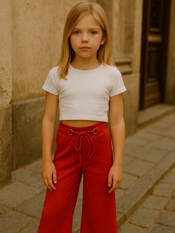 Kız Çocuk Pamuklu Kırmızı İspanyol Paça Pantolon