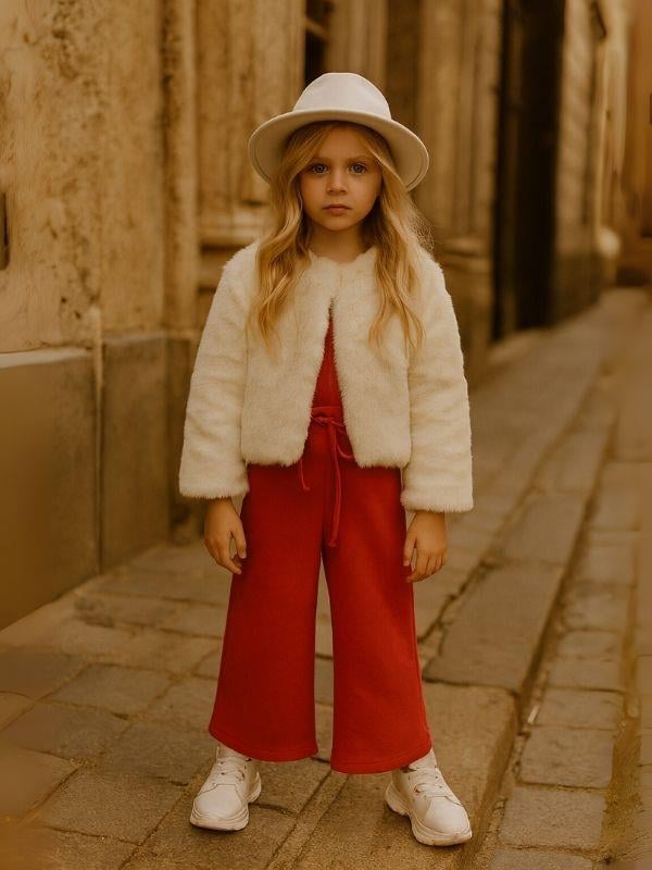 Kız Çocuk Pamuklu Kırmızı İspanyol Paça Pantolon