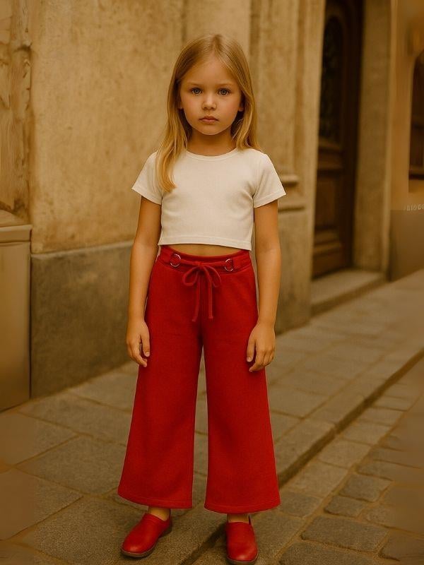 Kız Çocuk Pamuklu Kırmızı İspanyol Paça Pantolon