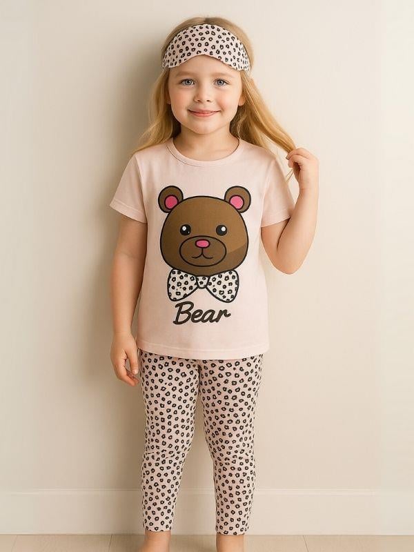 Kız Çocuk Pamuklu Kısa Kol Ayıcık Desenli Pijama Takımı(Uyku Bandı Dahil)
