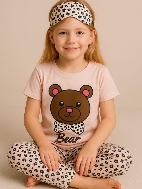 Kız Çocuk Pamuklu Kısa Kol Ayıcık Desenli Pijama Takımı(Uyku Bandı Dahil)