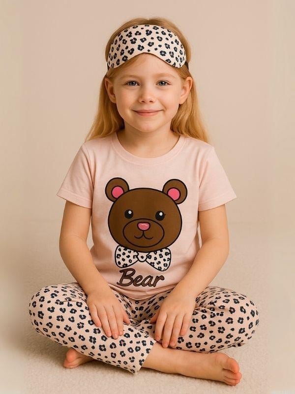 Kız Çocuk Pamuklu Kısa Kol Ayıcık Desenli Pijama Takımı(Uyku Bandı Dahil)