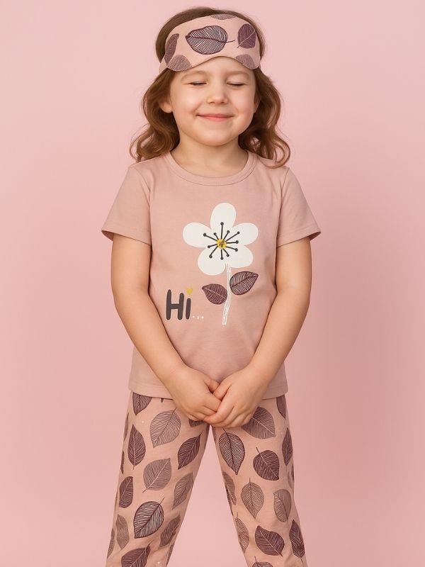 Kız Çocuk Pamuklu Kısa Kol Çiçek Desenli Pijama Takım(Uyku Bandı Dahil)