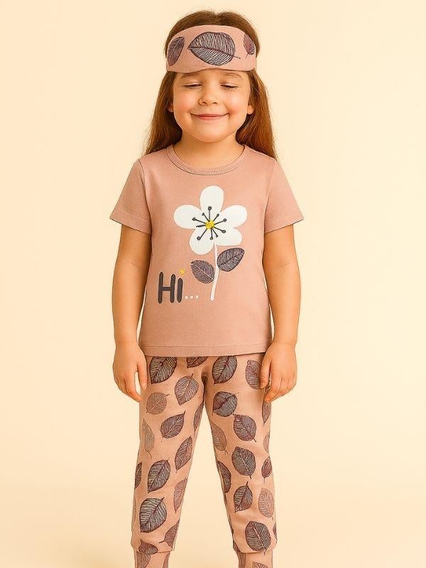 Kız Çocuk Pamuklu Kısa Kol Çiçek Desenli Pijama Takım(Uyku Bandı Dahil)