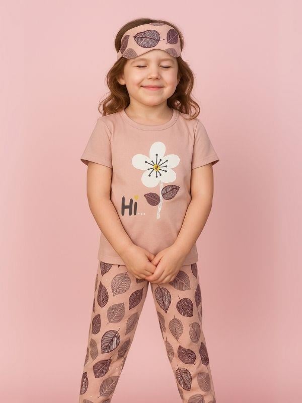 Kız Çocuk Pamuklu Kısa Kol Çiçek Desenli Pijama Takım(Uyku Bandı Dahil)