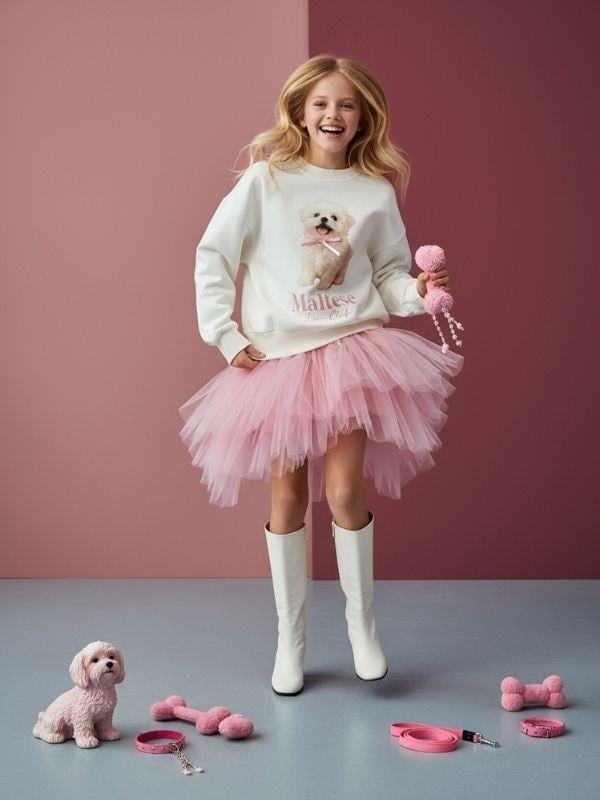 Kız Çocuk Pamuklu Köpek Baskılı Oversize Tasarım Sweatshirt