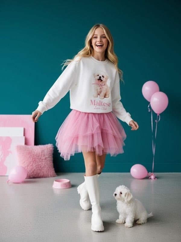 Kız Çocuk Pamuklu Köpek Baskılı Oversize Tasarım Sweatshirt