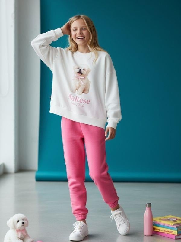 Kız Çocuk Pamuklu Köpek Baskılı Oversize Tasarım Sweatshirt