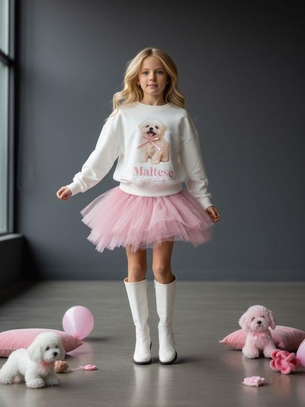 Kız Çocuk Pamuklu Köpek Baskılı Oversize Tasarım Sweatshirt