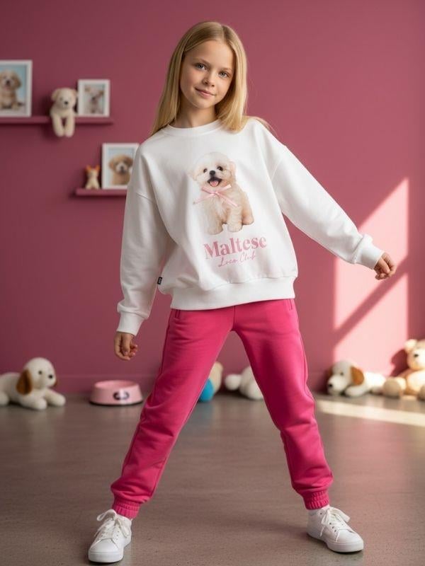 Kız Çocuk Pamuklu Köpek Baskılı Oversize Tasarım Sweatshirt