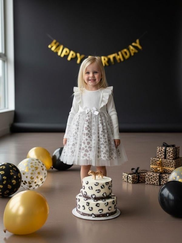 Kız Çocuk Pamuklu Leopar Detaylı Tütülü Elbise