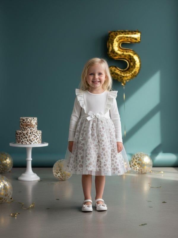 Kız Çocuk Pamuklu Leopar Detaylı Tütülü Elbise