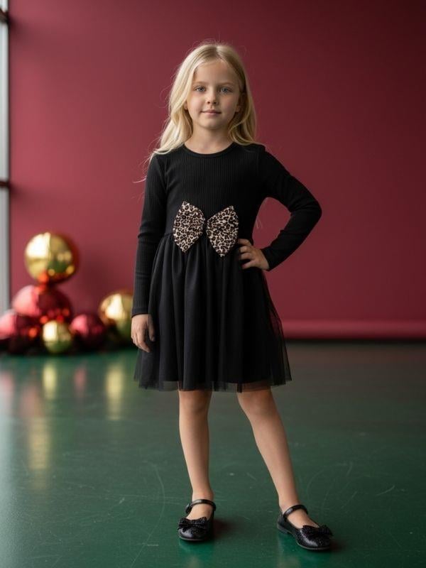 Kız Çocuk Pamuklu Leoparlı Fiyonk Detaylı Tütülü Elbise