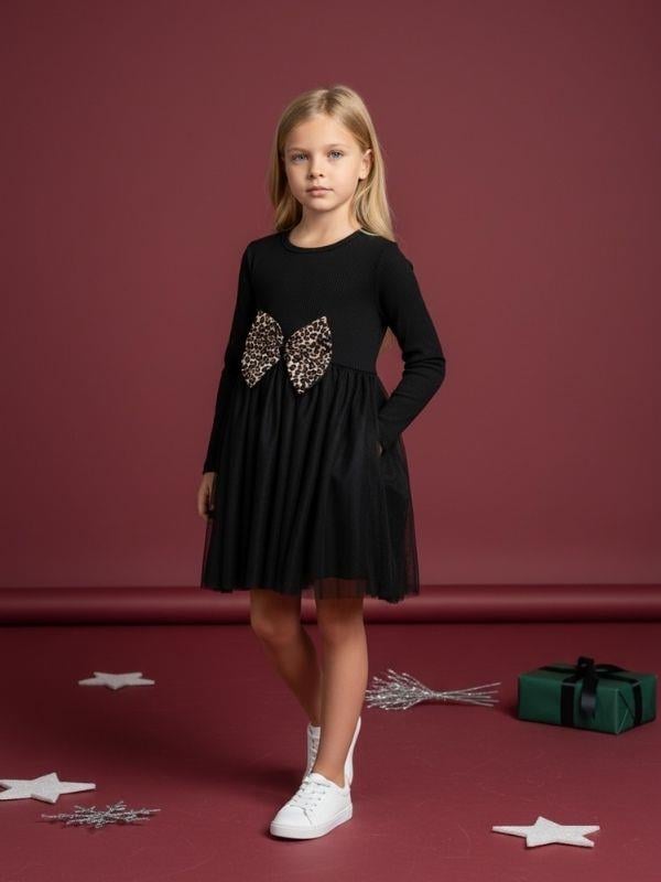 Kız Çocuk Pamuklu Leoparlı Fiyonk Detaylı Tütülü Elbise