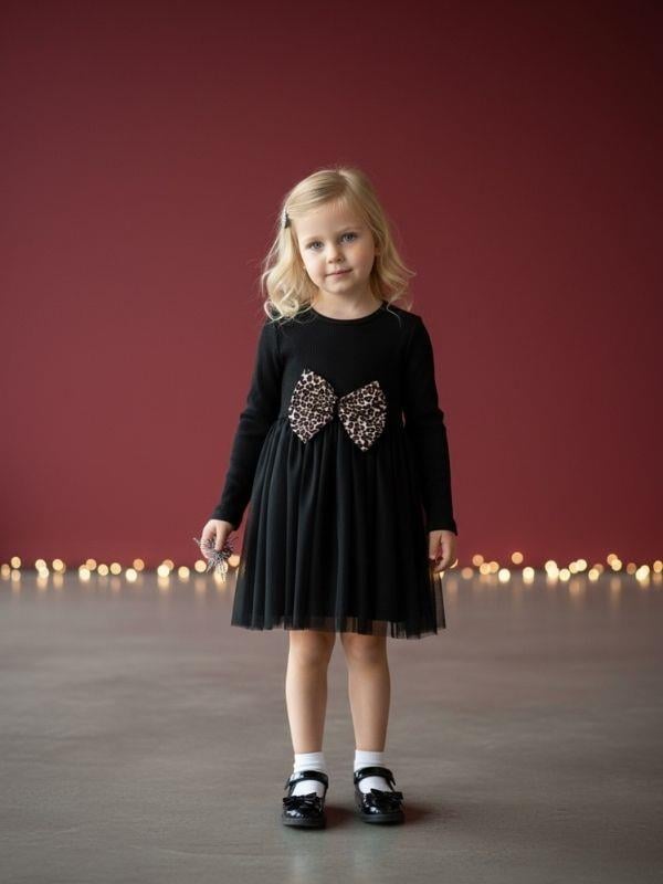 Kız Çocuk Pamuklu Leoparlı Fiyonk Detaylı Tütülü Elbise