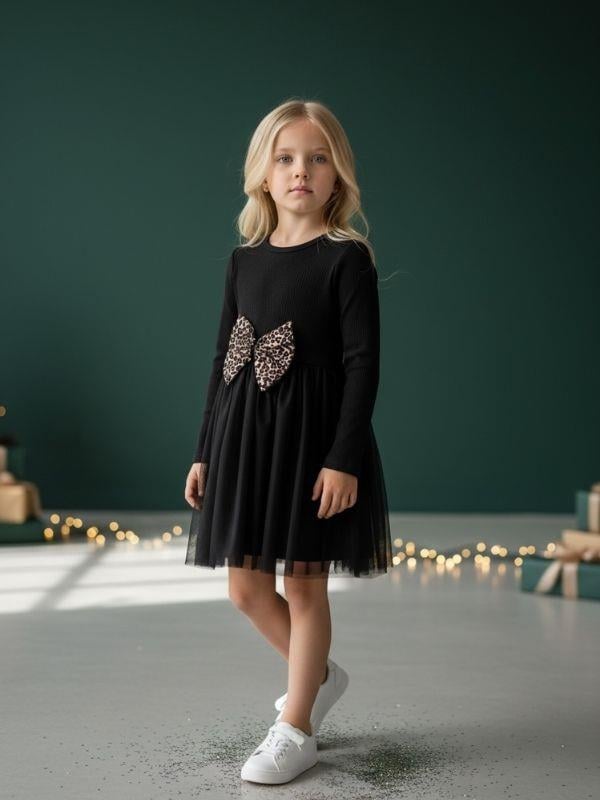 Kız Çocuk Pamuklu Leoparlı Fiyonk Detaylı Tütülü Elbise