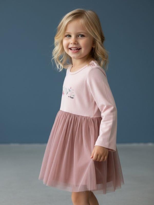 Kız Çocuk Pamuklu Love Yazılı Uzun Kollu Tütülü Elbise