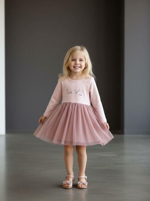 Kız Çocuk Pamuklu Love Yazılı Uzun Kollu Tütülü Elbise