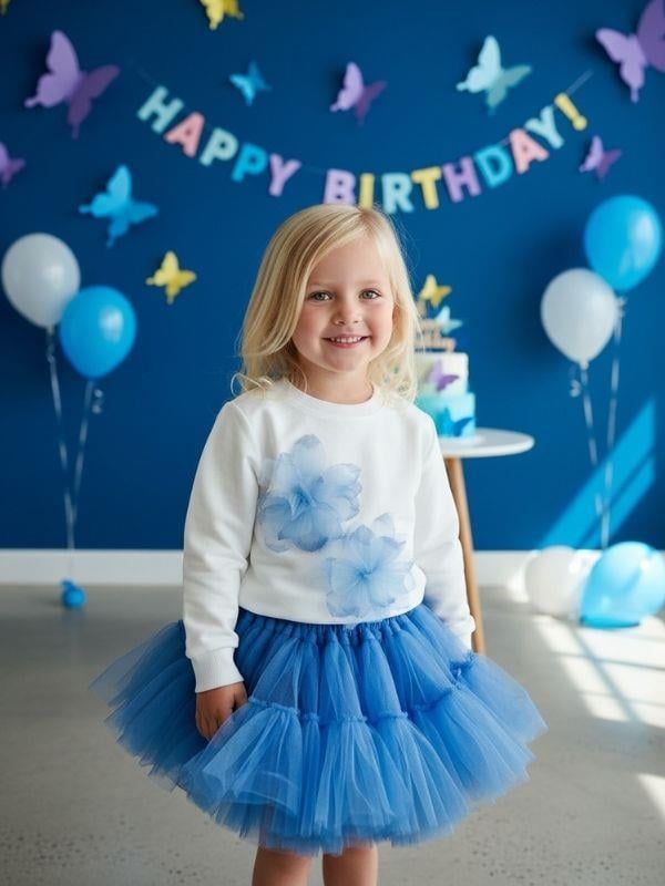 Kız Çocuk Pamuklu Mavi Çiçekli Sweatshirt