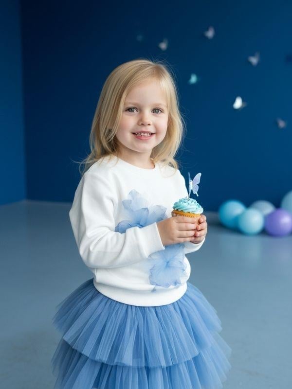 Kız Çocuk Pamuklu Mavi Çiçekli Sweatshirt