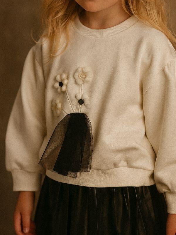 Kız Çocuk Pamuklu Örme Nakışlı Tüllü Sweatshirt