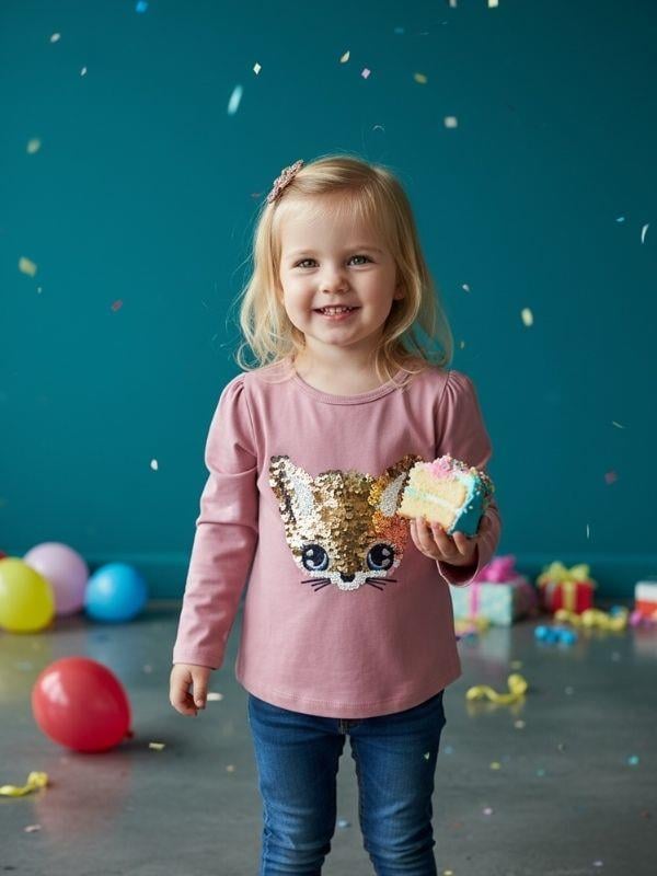 Kız Çocuk Pamuklu Oynar Pullu Uzun Kollu Bluz