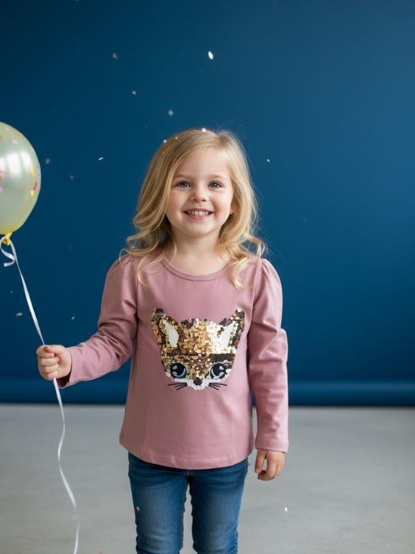 Kız Çocuk Pamuklu Oynar Pullu Uzun Kollu Bluz