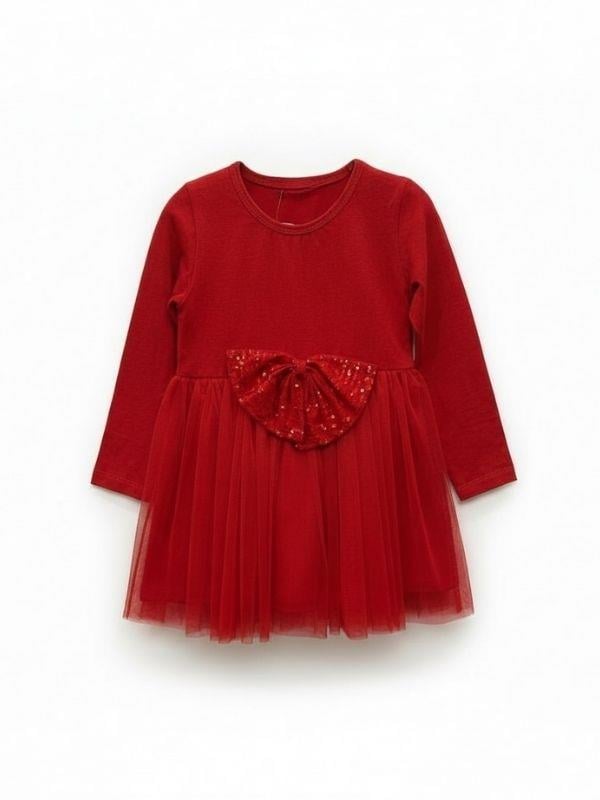 Kız Çocuk Pamuklu Pullu Fiyonk Detaylı Kırmızı Tütülü Elbise