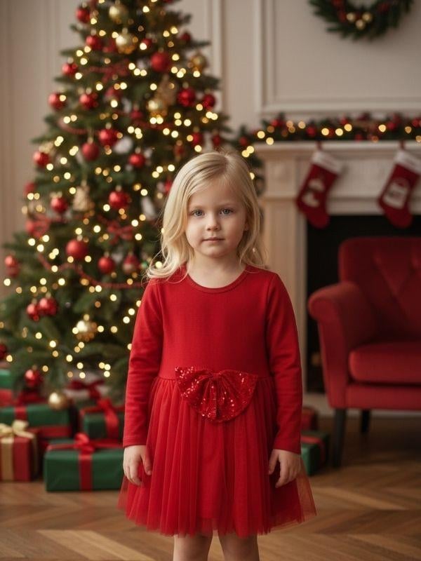 Kız Çocuk Pamuklu Pullu Fiyonk Detaylı Kırmızı Tütülü Elbise