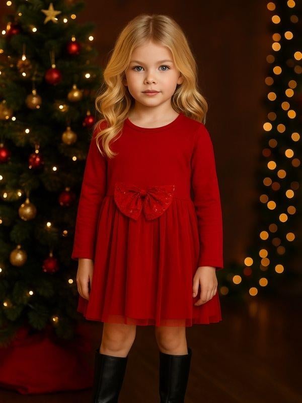 Kız Çocuk Pamuklu Pullu Fiyonk Detaylı Kırmızı Tütülü Elbise
