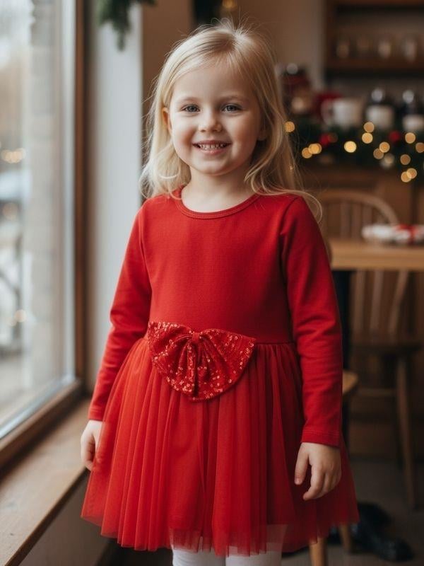 Kız Çocuk Pamuklu Pullu Fiyonk Detaylı Kırmızı Tütülü Elbise