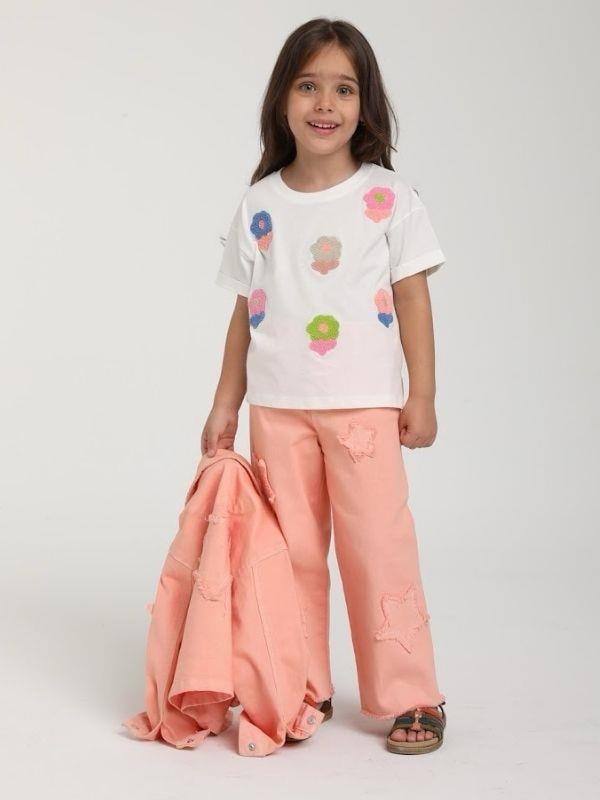 Kız Çocuk Pamuklu Renkli Punch Nakışlı T-shirt