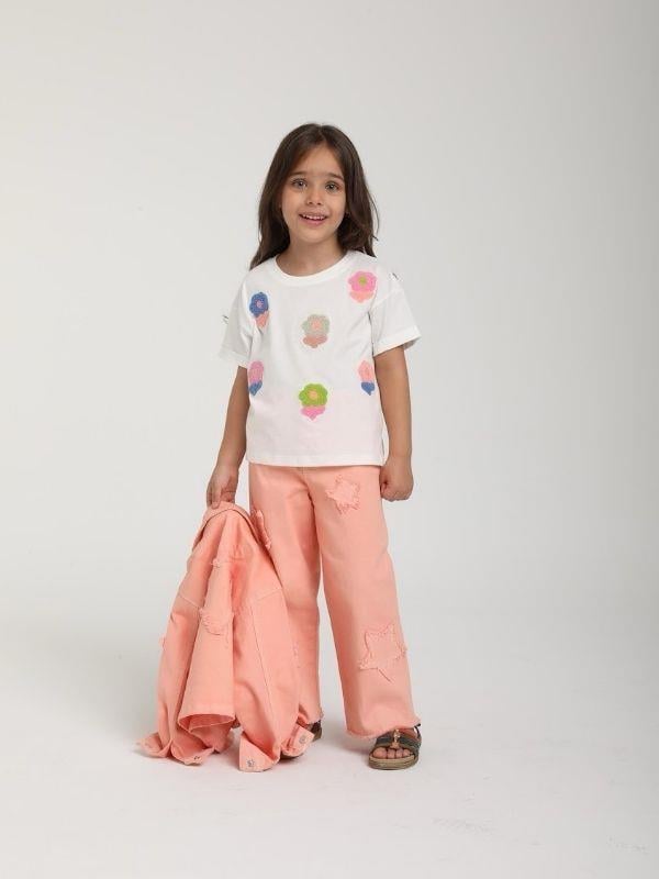 Kız Çocuk Pamuklu Renkli Punch Nakışlı T-shirt