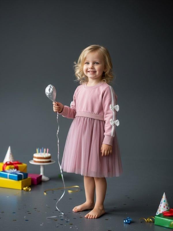 Kız Çocuk Pamuklu Şerit Detaylı Fiyonklu Tütülü Elbise