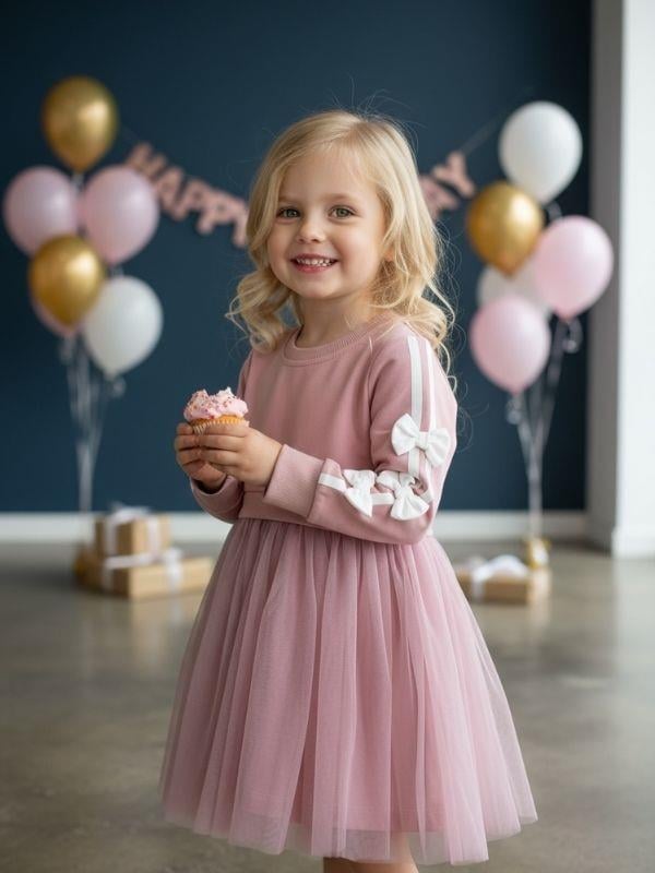 Kız Çocuk Pamuklu Şerit Detaylı Fiyonklu Tütülü Elbise