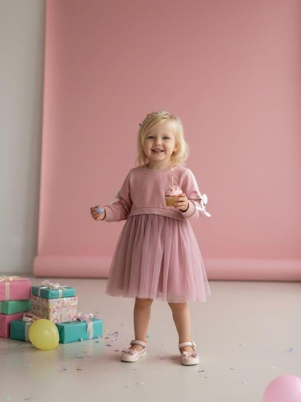 Kız Çocuk Pamuklu Şerit Detaylı Fiyonklu Tütülü Elbise