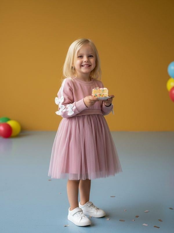 Kız Çocuk Pamuklu Şerit Detaylı Fiyonklu Tütülü Elbise