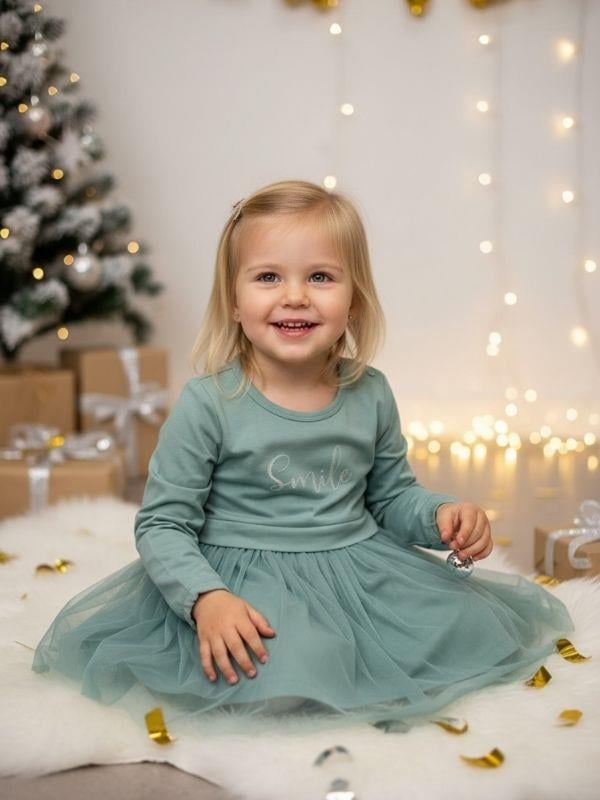 Kız Çocuk Pamuklu Simli Smile Yazılı Uzun Kollu Tütülü Elbise