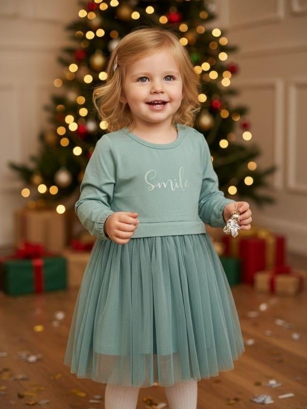 Kız Çocuk Pamuklu Simli Smile Yazılı Uzun Kollu Tütülü Elbise