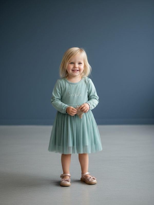 Kız Çocuk Pamuklu Simli Smile Yazılı Uzun Kollu Tütülü Elbise