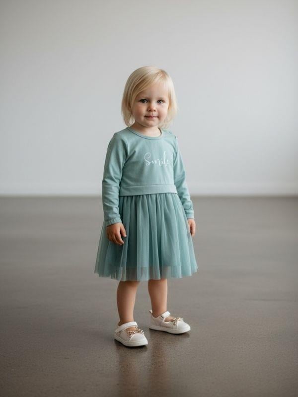 Kız Çocuk Pamuklu Simli Smile Yazılı Uzun Kollu Tütülü Elbise