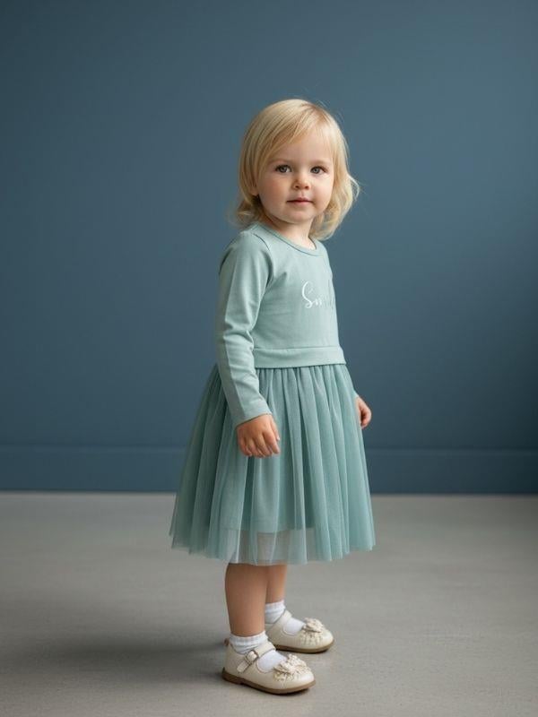 Kız Çocuk Pamuklu Simli Smile Yazılı Uzun Kollu Tütülü Elbise