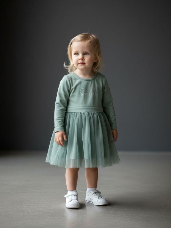 Kız Çocuk Pamuklu Simli Smile Yazılı Uzun Kollu Tütülü Elbise